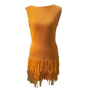 Fringe Knit Mini Dress Mustard Gold Bodycon Large Festival Coastal Beach Boho
